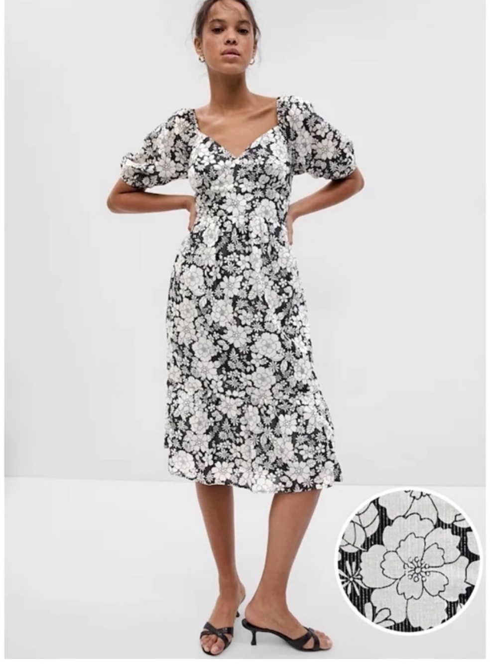 Gap NWOT Puff Short Sleeve Metallic Floral Midi Dress White Black Silver Medium